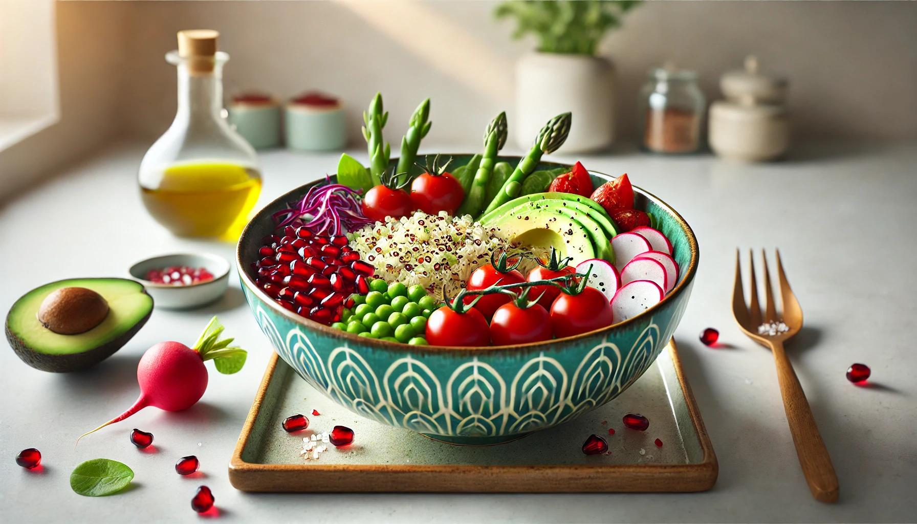 Bol cu Quinoa, Avocado, Rodie, Rosii, Mazare, Ridichi si Varza Rosie