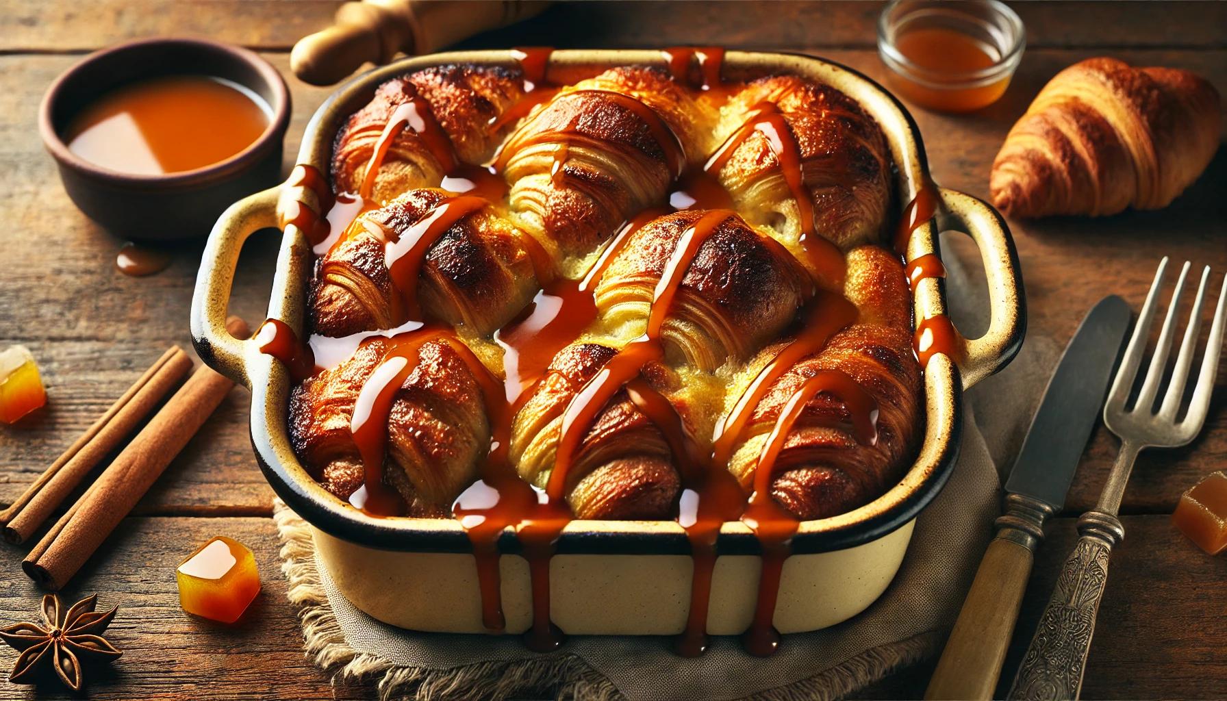 Budinca de croissante cu sos caramel
