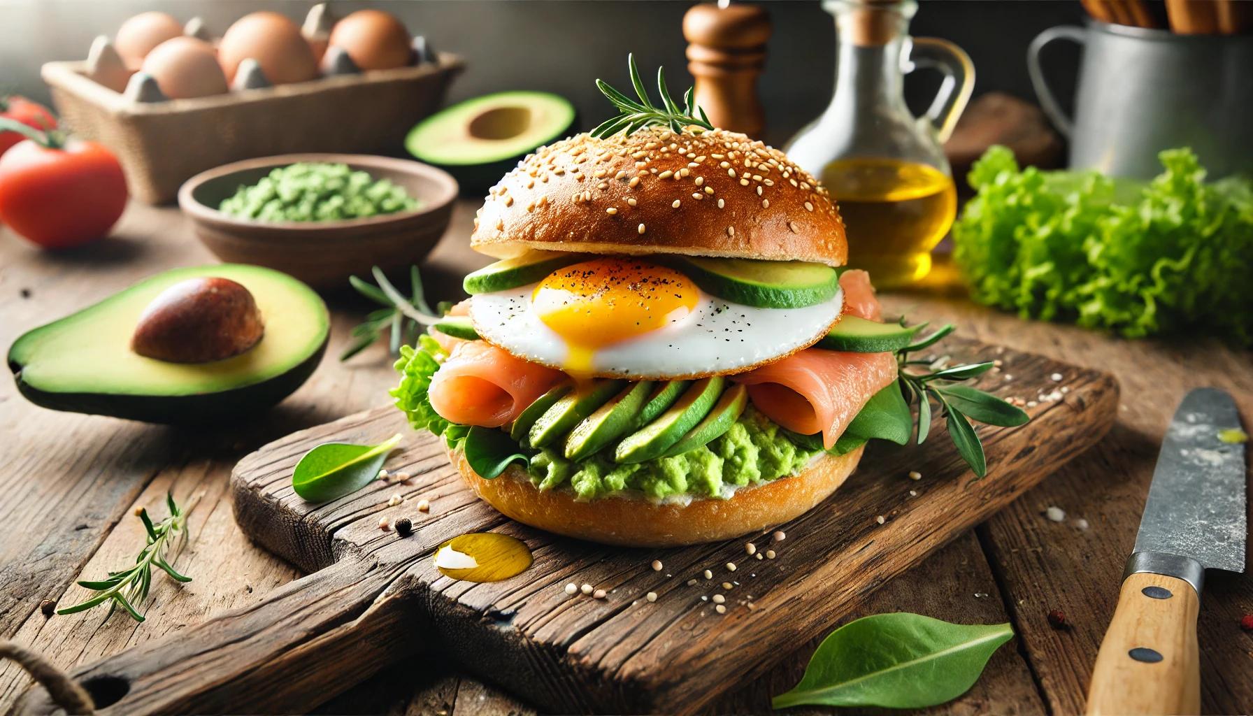 Burger cu avocado, somon afumat si ou