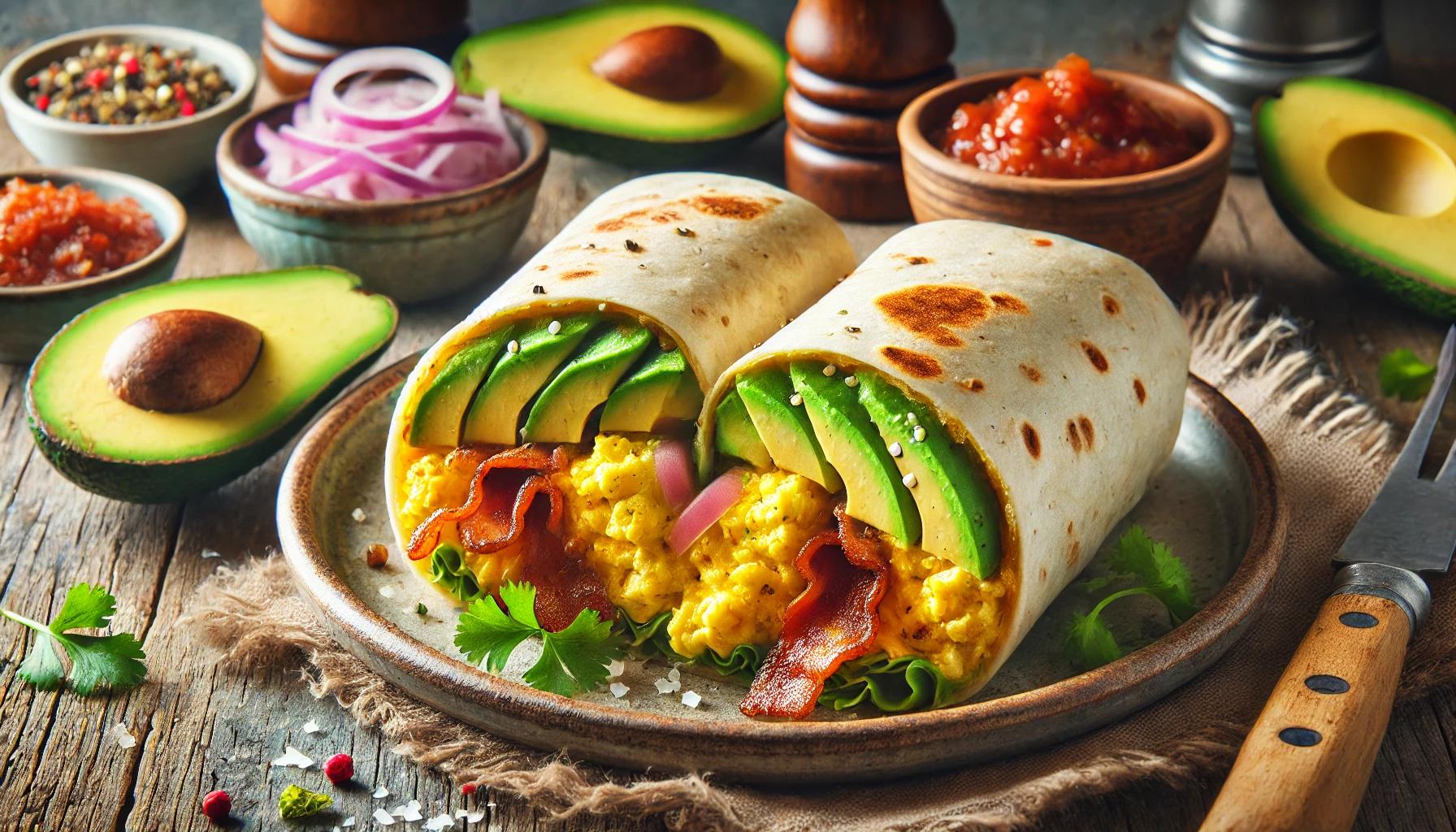 Burrito cu ou, bacon si avocado - mic dejun consistent