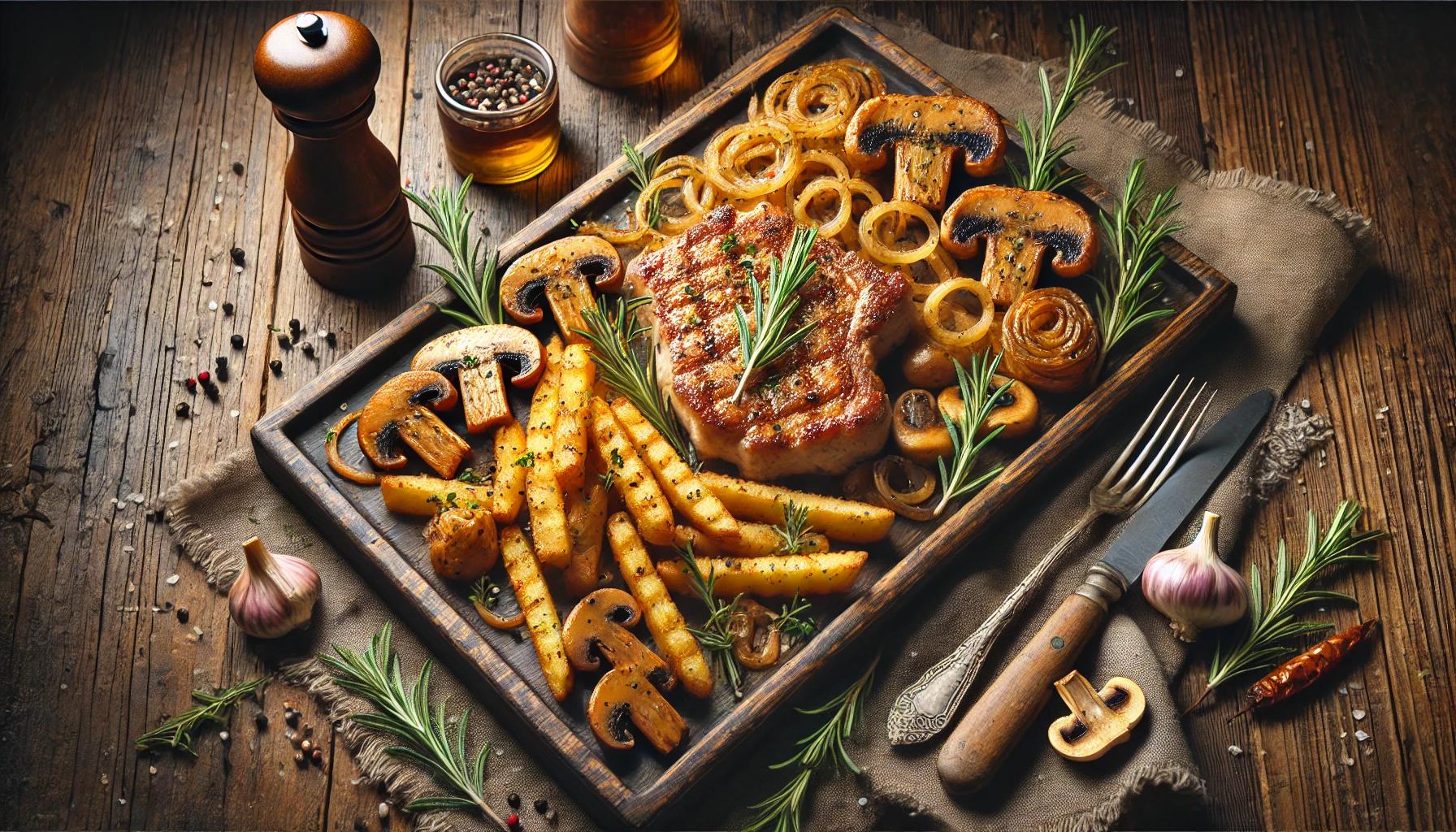 Ceafa de porc cu cartofi prajiti, ciuperci si ceapa