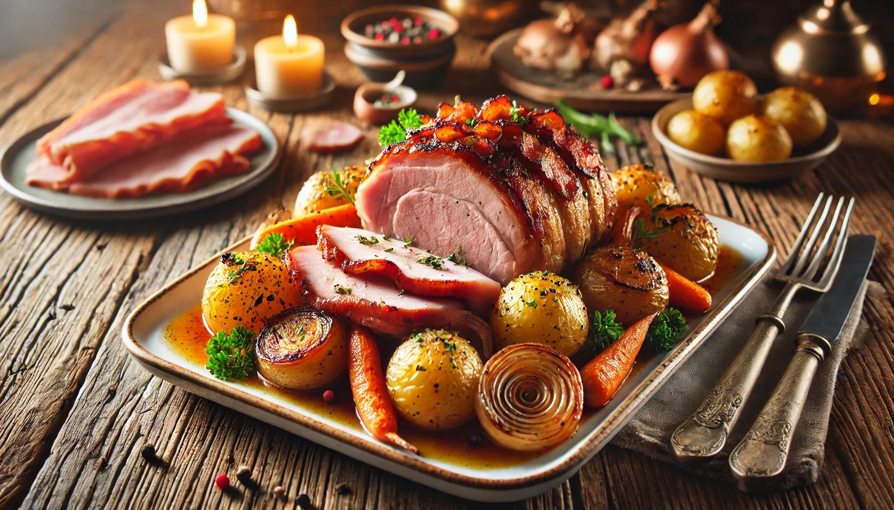 Ceafa de porc la cuptor cu sunca si cartofi - Reteta delicioasa