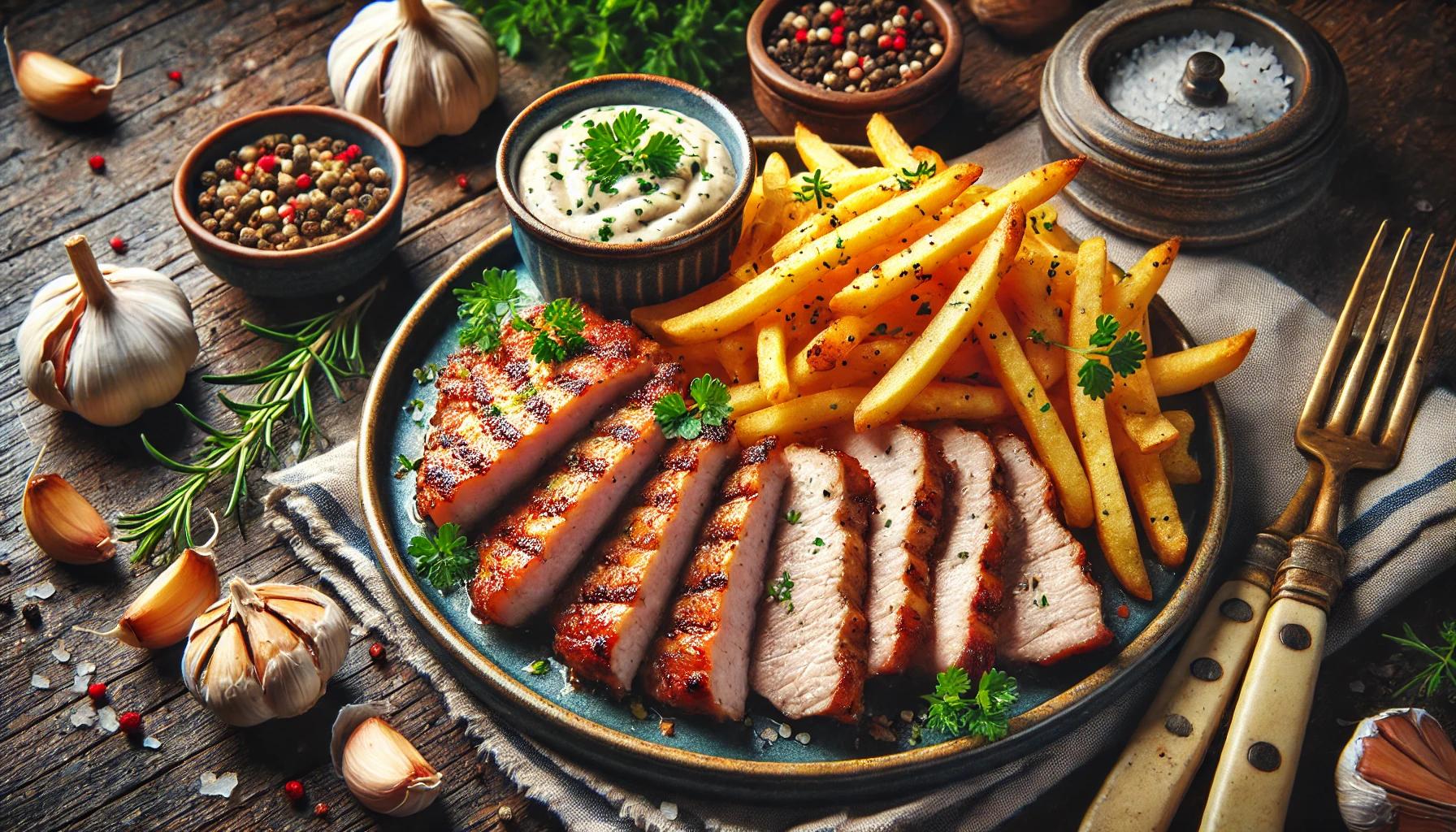 Ceafa de porc la gratar cu cartofi prajiti si mujdei