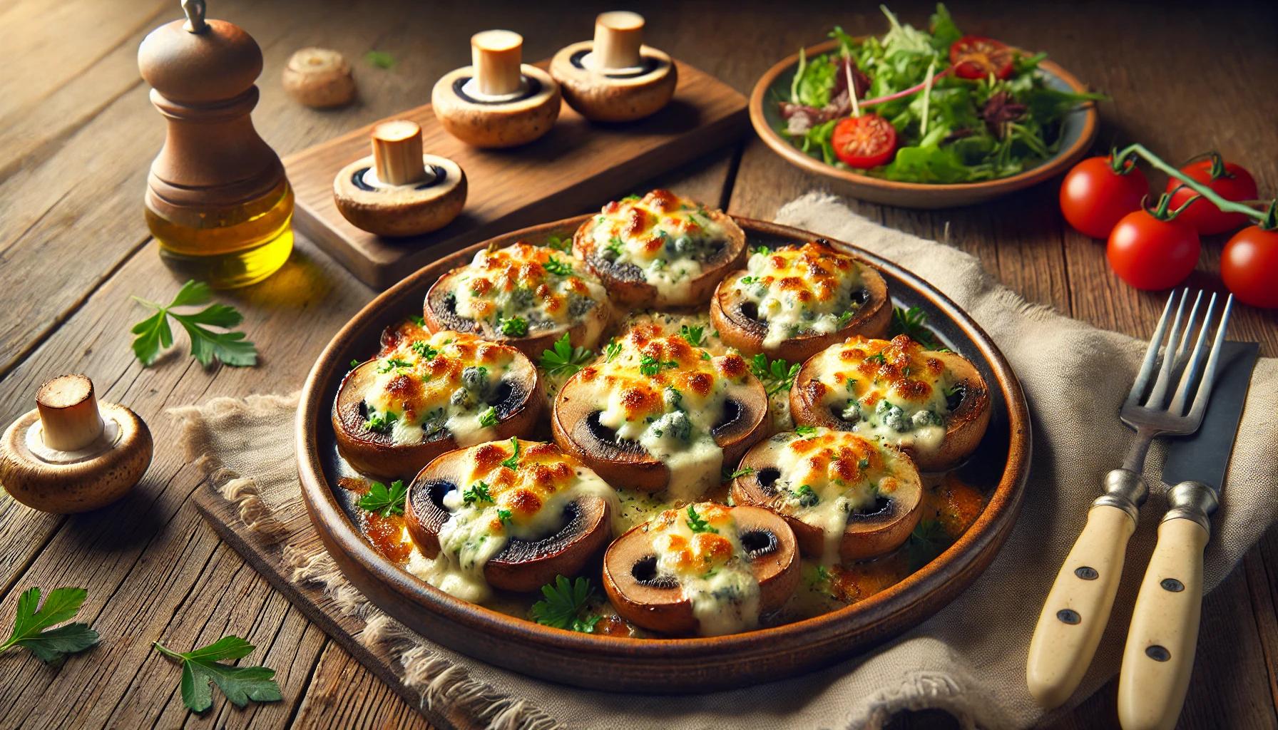 Ciuperci gratinate cu blue cheese si mozzarella