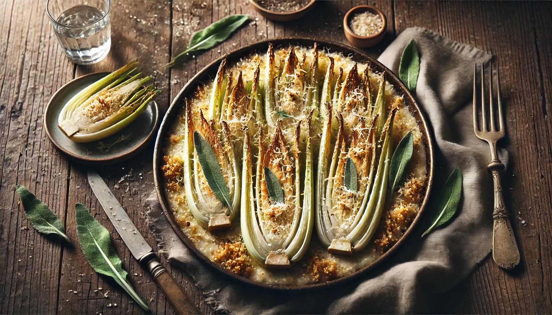 Fenicul la cuptor cu parmezan, pesmet si salvie - Reteta aromata