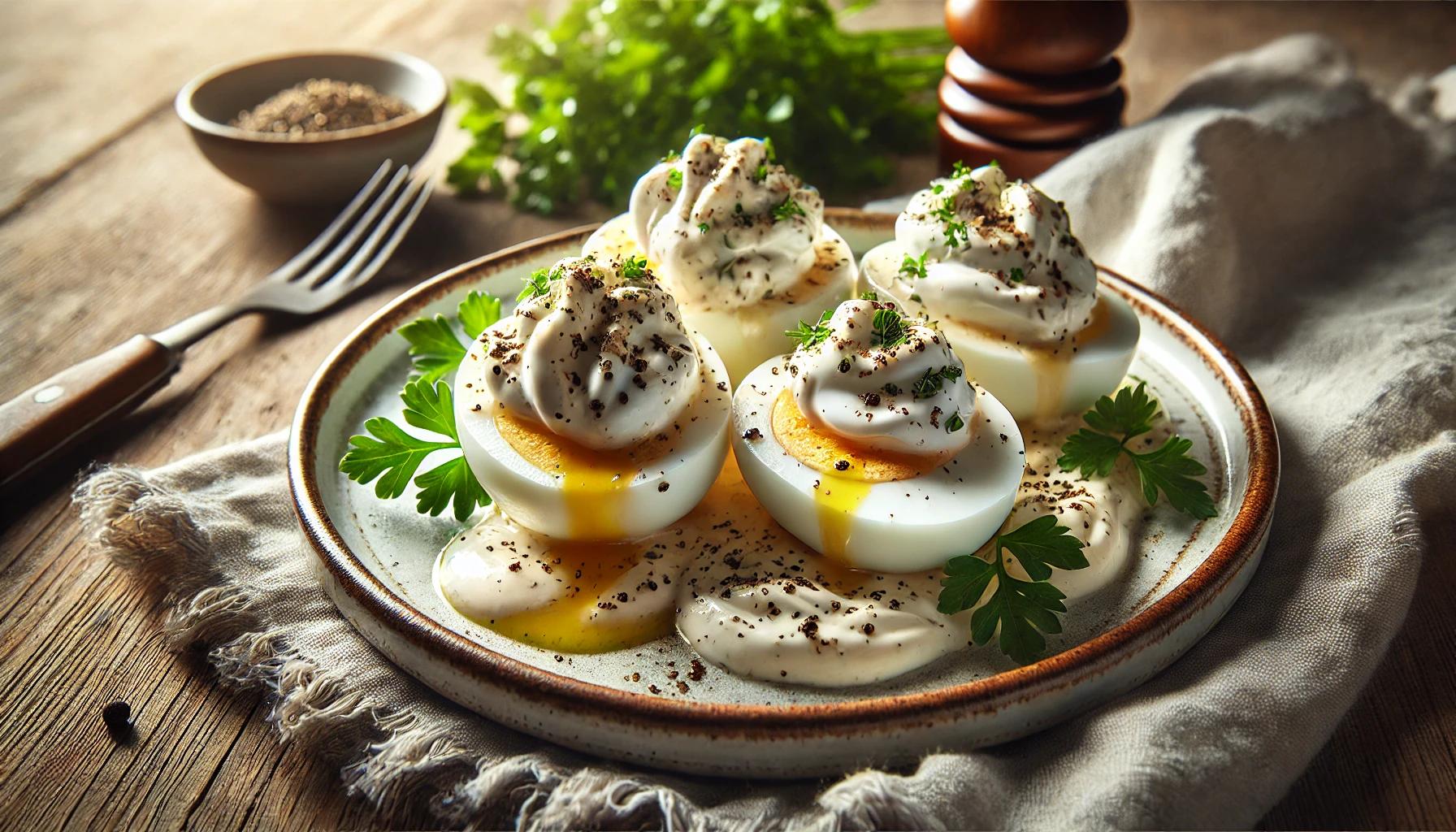 Oua in sos de hrean cu smantana si maioneza - Reteta delicioasa
