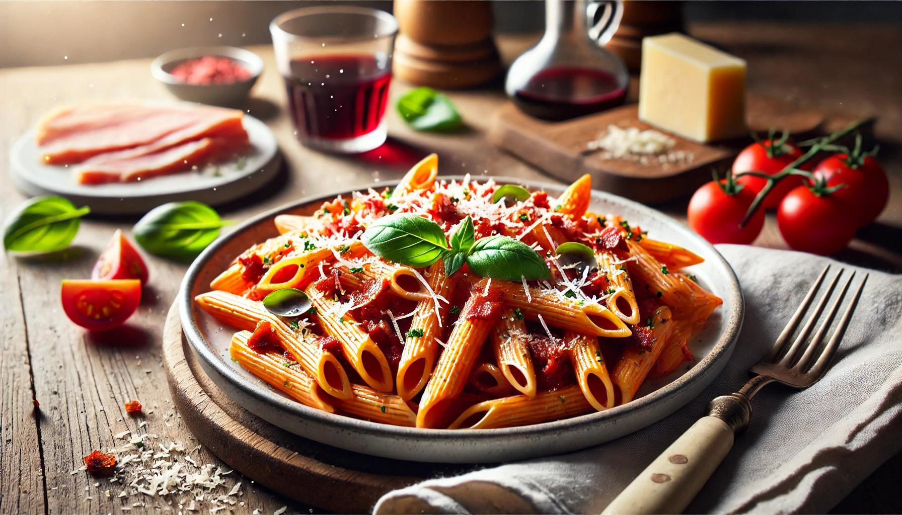 Penne cu sos de rosii si bacon - reteta italiana