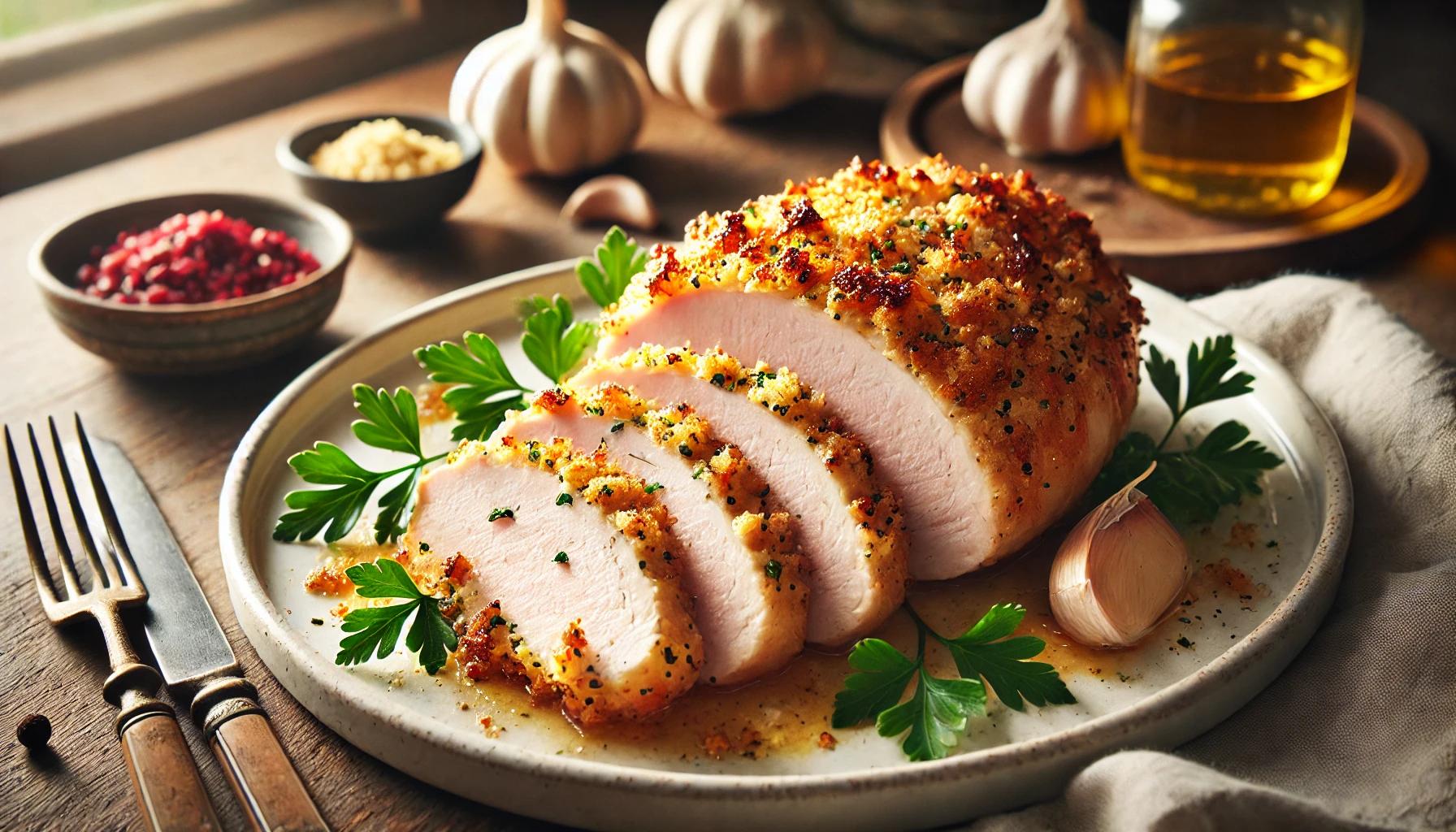 Piept de curcan in crusta de parmezan si usturoi