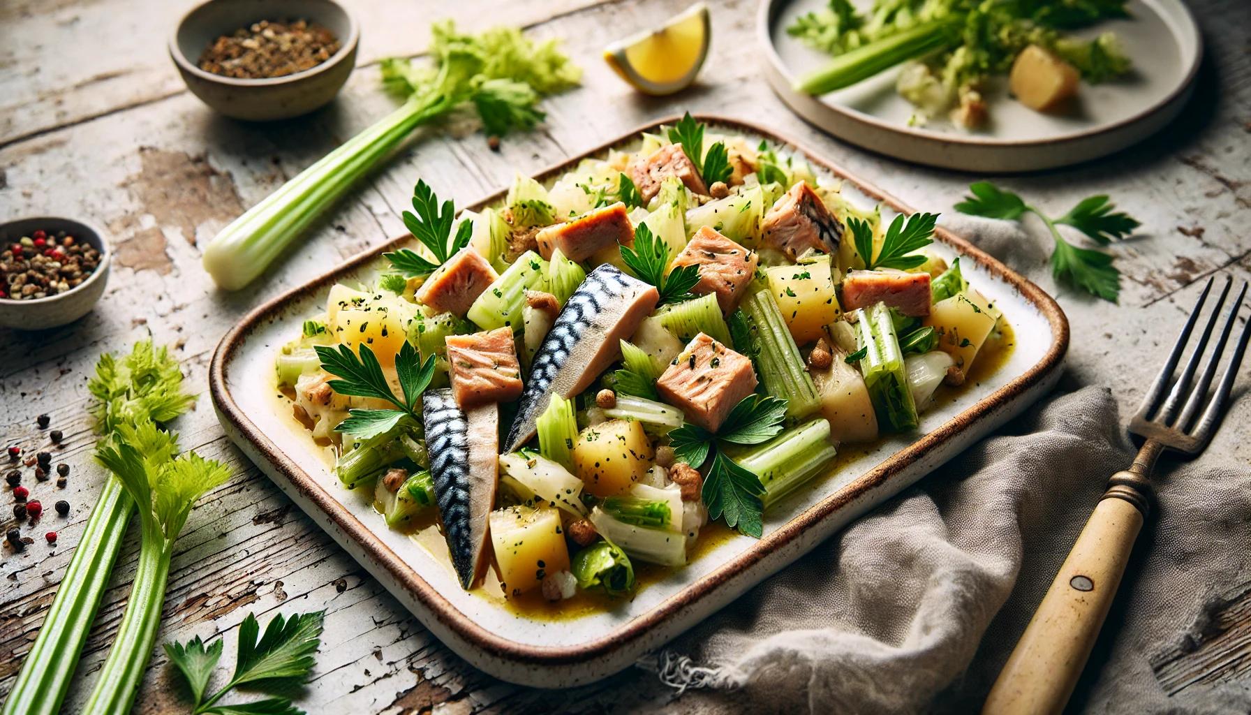 Salata cu macrou afumat, cartofi si telina verde - reteta gustoasa