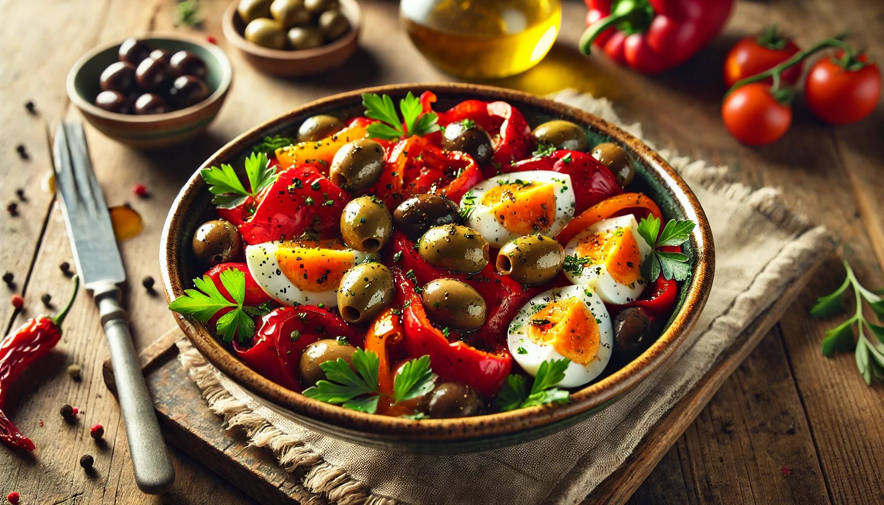 Salata de ardei copti cu masline si oua - reteta spaniola