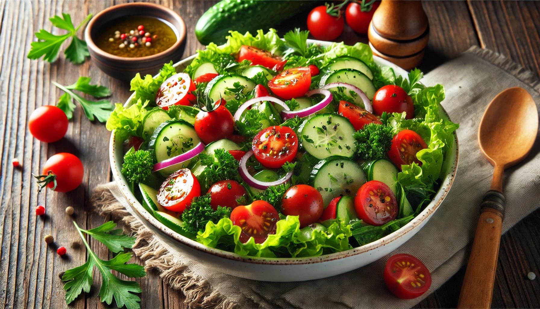 Salata verde cu rosii si castraveti - Reteta proaspata si usoara