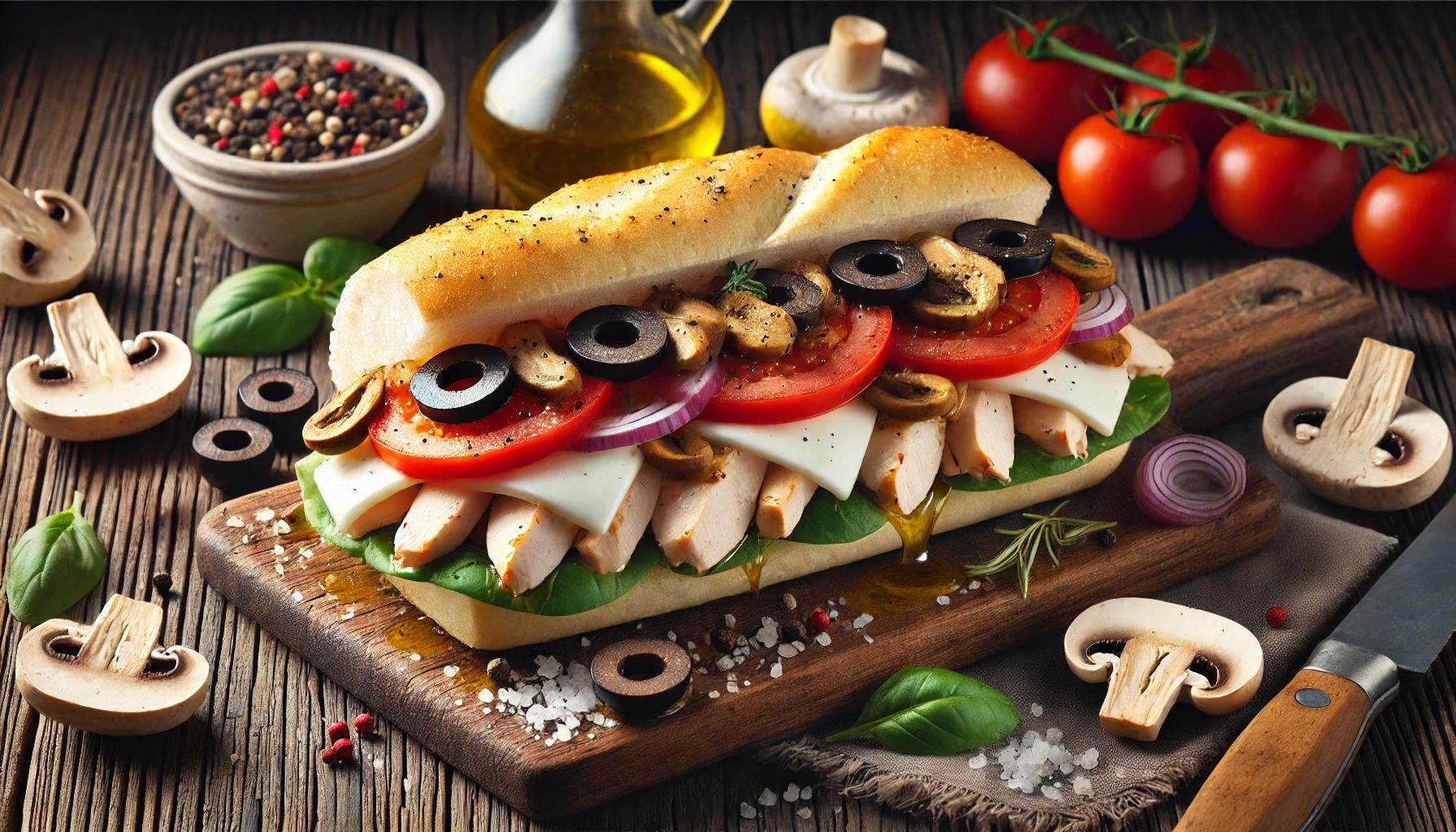 Sandvis cu Pui, Mozzarella, Rosii, Masline si Ciuperci