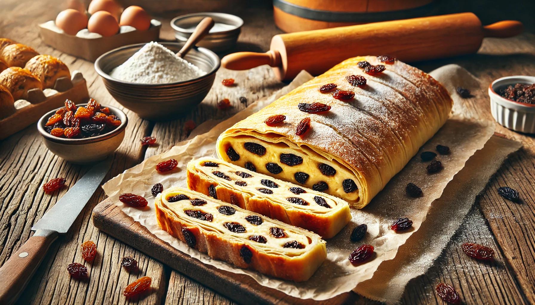 Strudel cu branza dulce si stafide - reteta de desert