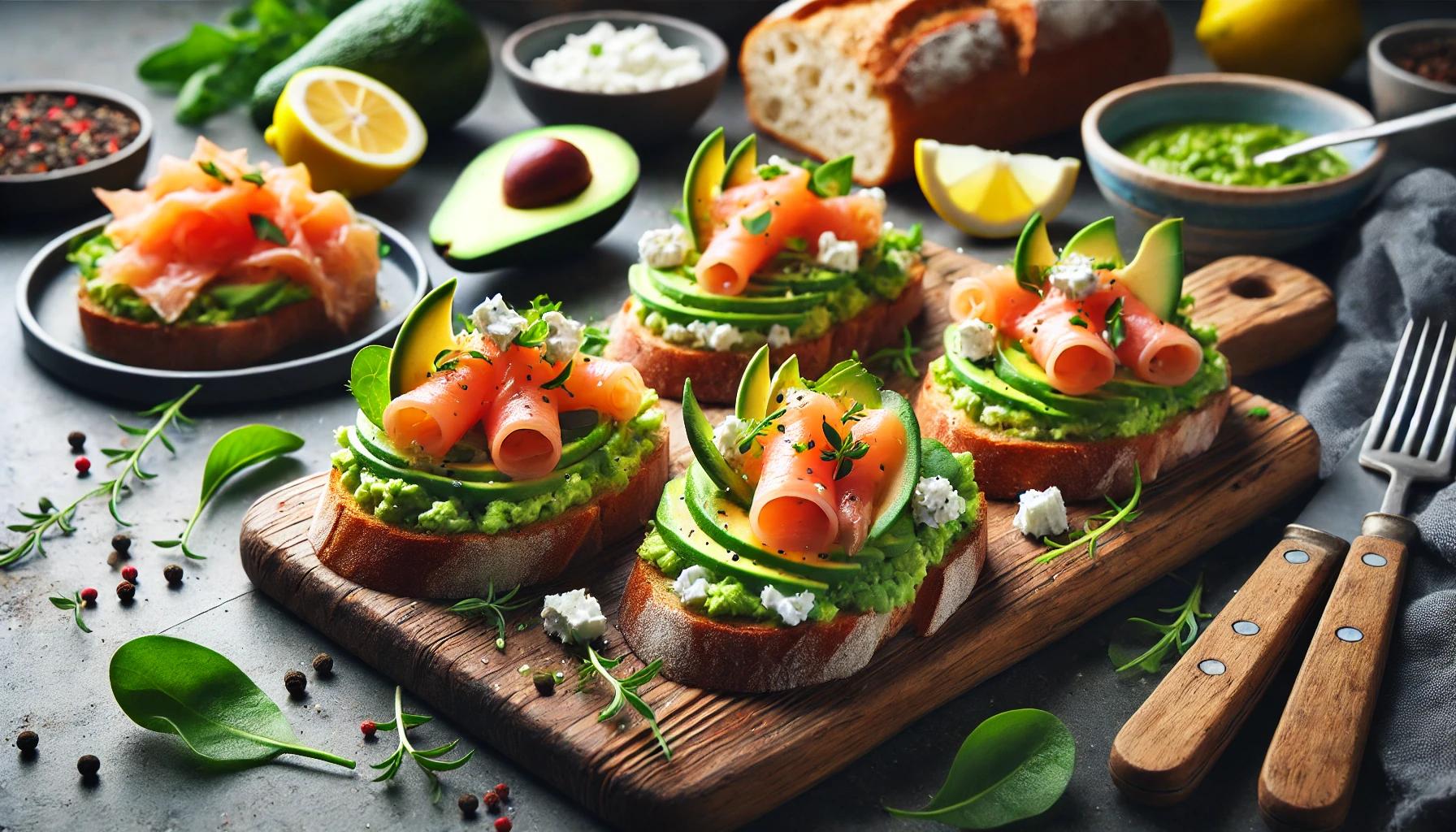 Bruschete cu somon afumat, avocado si branza feta - Gustare sofisticata