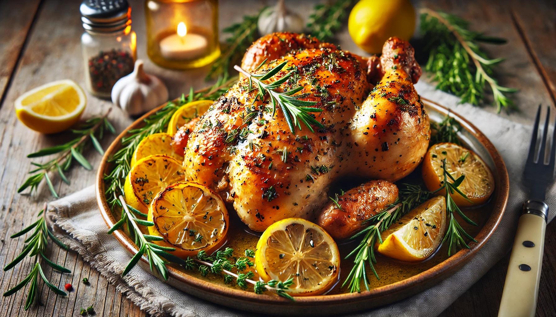 Pui la cuptor cu sos de lamaie, unt si ierburi aromatice - reteta aromata